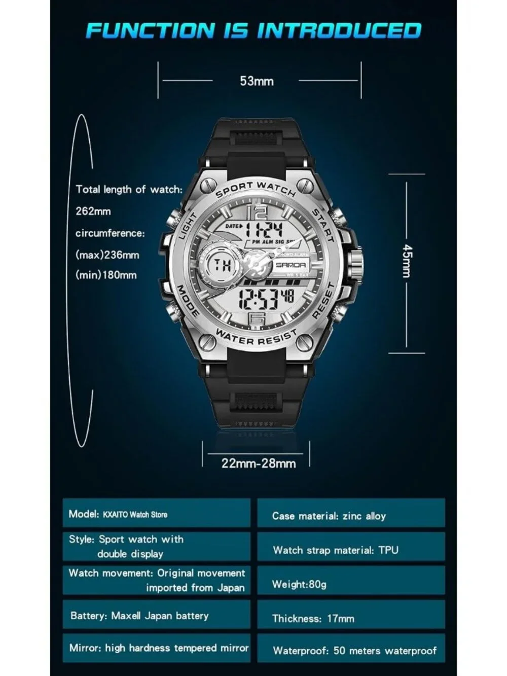 Men's Black Silver Analog Quartz Sports Waterproof Military LED Digital Watch